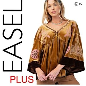 EASEL NWT PLUS SIZE EMBROIDERED VELVET TOP GOLD BROWN